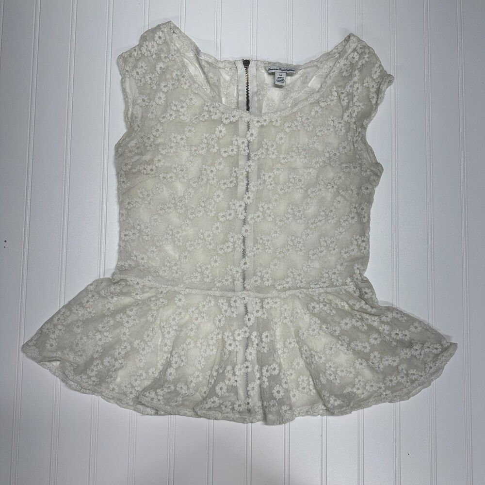 American Eagle Outfitters Sheer Floral Embroidered White Peplum Top Size Small